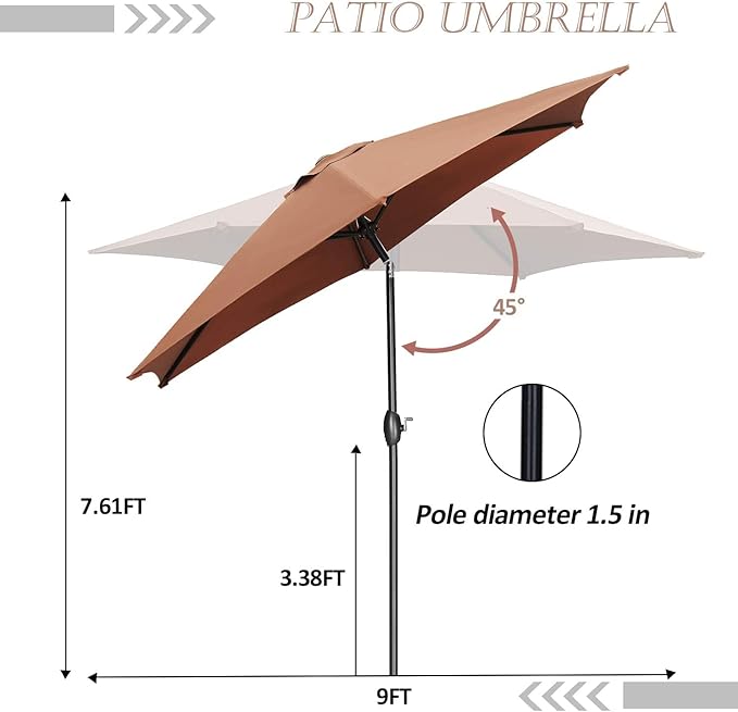 HYD-Parts 9FT Patio Umbrella Outdoor Table Umbrella,Market Umbrella with Push Button Tilt and Crank for Garden, Lawn, Deck, Backyard & Pool, No Base (Coffee)