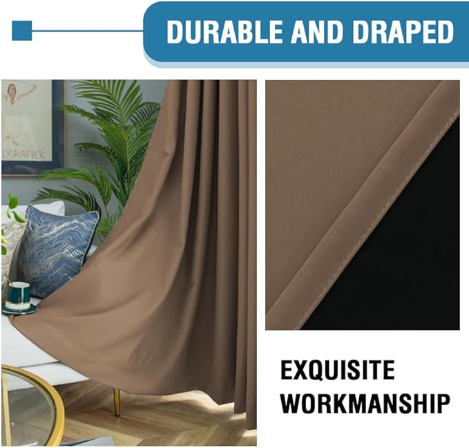 H.VERSAILTEX 100% Blackout Curtains for Bedroom Thermal Insulated Blackout Curtains 96 inch Length Heat and Full Light Blocking Curtains for Living Room with Black Liner 2 Panels Set, Macchiato