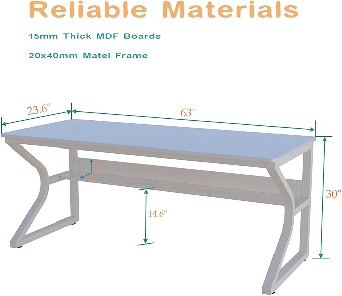 Extra Long Desk with Bookshelf - 63" Double Long Writing Table for 2-Person Workstation, Modern Study Work Computer Desk for Home and Office, Warm White