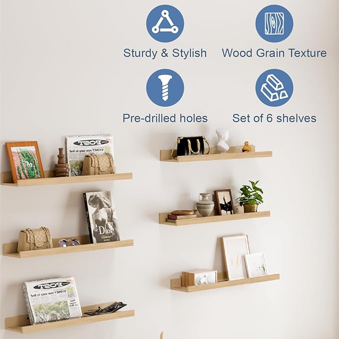 Wall Shelves for Living Room, Nursery Book Shelves Walnut Bathroom Shelves Over Toilet Floating Shelves for Wall, Modern Wood Storage for Bedroom, Kid's Room, Kitchen, 24inch, Set of 6