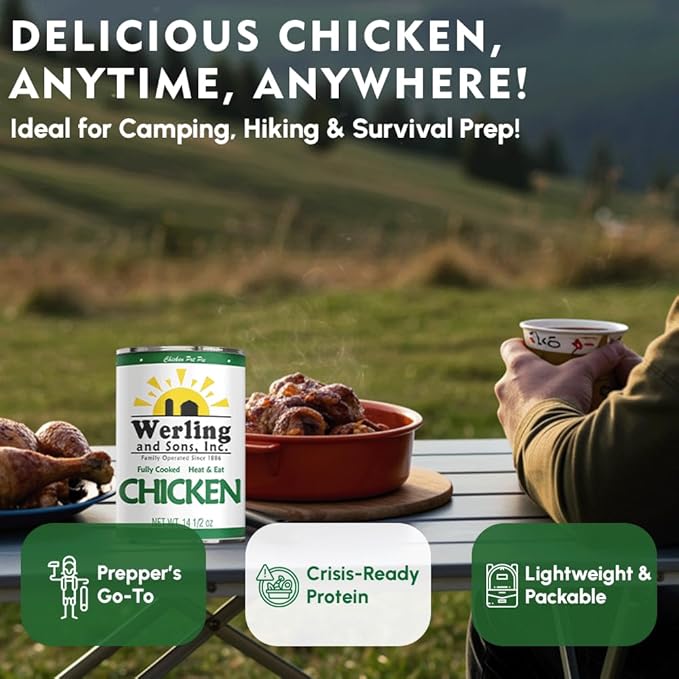 Werling & Sons Canned Chicken 14.5 Oz??Fully Cooked, Ready to Eat | Premium Quality, Recipe-Ready Canned Meat | 5-Year Shelf Life | Pantry Staple for Camping, Survival & Emergency Use | Made in USA | Pack of 12
