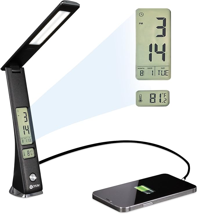 Prevention by OttLite LED Task Adjustable Lamp with Digital Display - Designed to Reduce Eyestrain - Adjustable Neck, 3 Color Modes & USB Charging - Crafting, Office Work, Reading & Studying