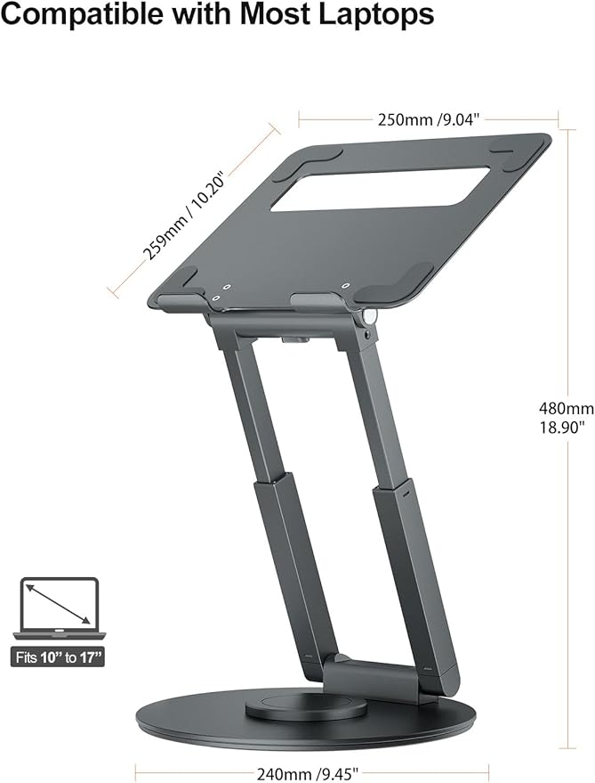 tounee Telescopic Laptop Stand for Desk with 360° Swivel Base, Sit to Stand, Height Adjustable, Portable Riser Holder for Good Posture, Compatible with MacBook Pro, All Laptops 10-17"-Gray