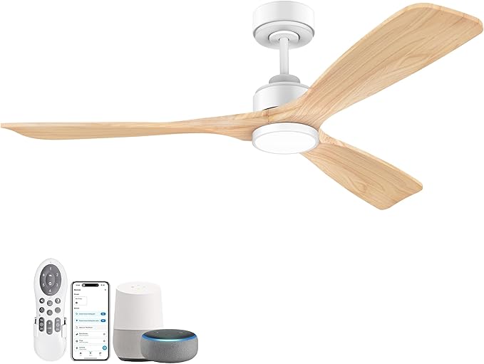 52 Inch Wood Smart Ceiling Fans with Lights Remote,Voice Control via WIFI Alexa App,Quiet DC Motor,Outdoor Indoor Ceiling Fan,Dimmable,Modern Light Wood Lighting & Fan for Bedroom Patio Porch