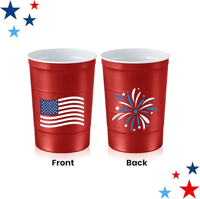 16 oz. Party Cups Flag Design for Cold Drinks, Sturdy and Durable, Disposable, Recyclable, Made in USA, Patriotic, Red, 12 Count