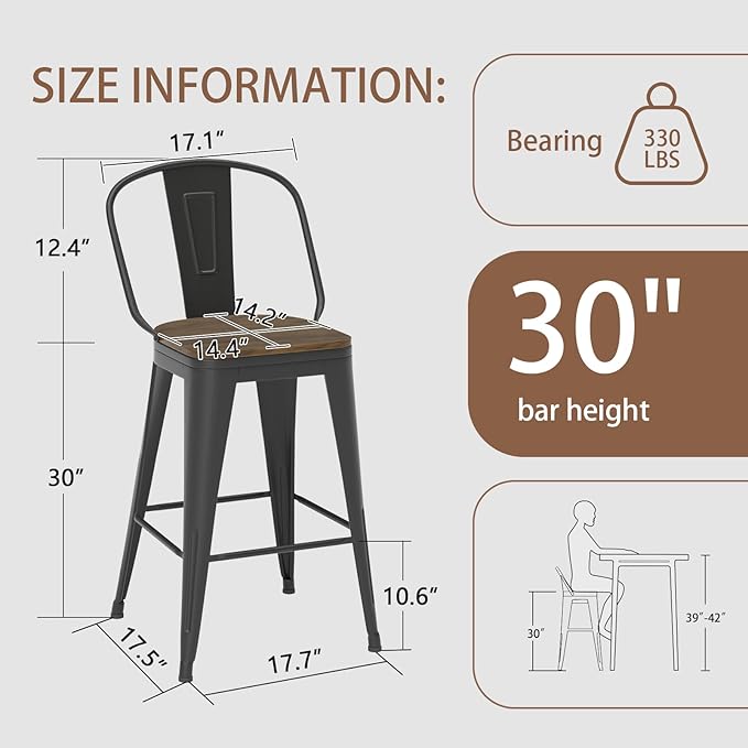 30” Swivel Bar Stools Set of 4, Counter Height Bar Stools Wooden Seat, Metal Industrial Bar Chairs with High Back for Kitchen Island (Black)