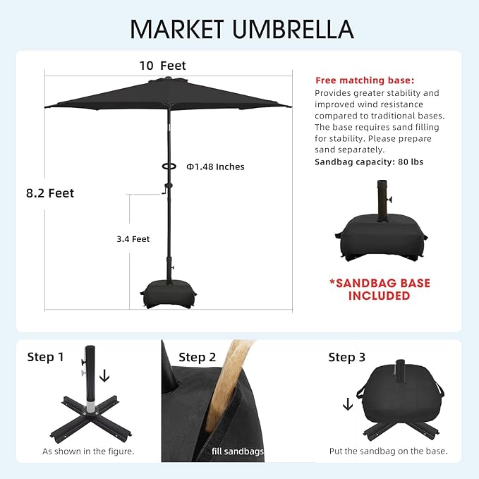 wikiwiki 10FT Patio Umbrella with Base, Outdoor Umbrellas with Base Included, 8 Sturdy Ribs, Waterproof Fade Resistant POLYESTER DTY Canopy for Deck, Lawn, Garden, Backyard & Pool, Black