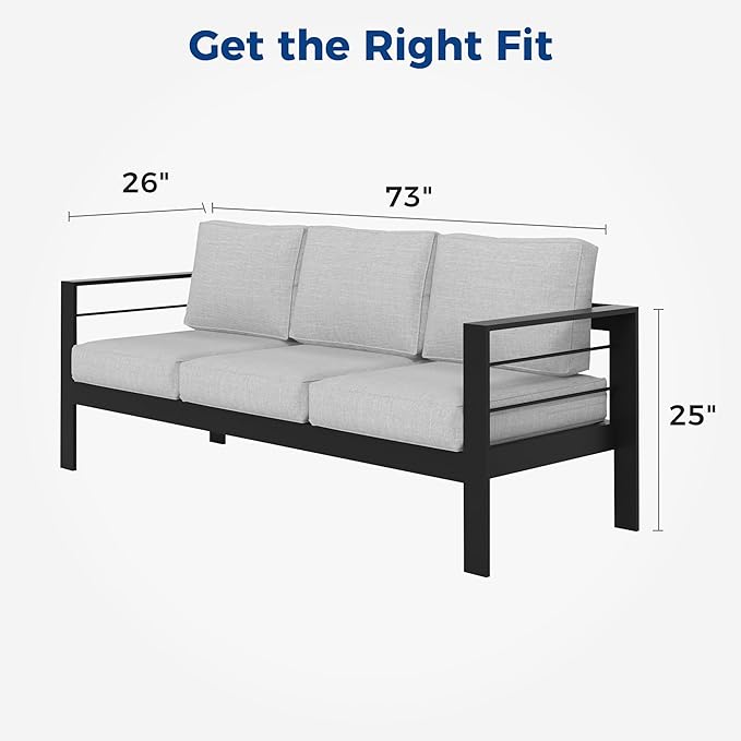 Wisteria Lane Patio Furniture Aluminum Sofa, All-Weather Outdoor 3 Seats Couch, Black Metal Chair with Light Grey Cushions