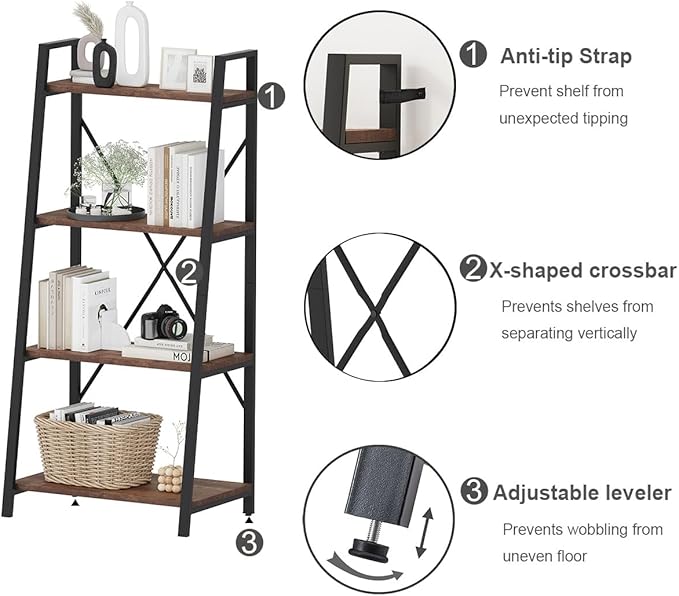 BON AUGURE Industrial Ladder Shelf Bookcase, 4 Tier Rustic Ladder Bookshelf, Standing Leaning Book Shelves for Living Room (Rustic Oak)