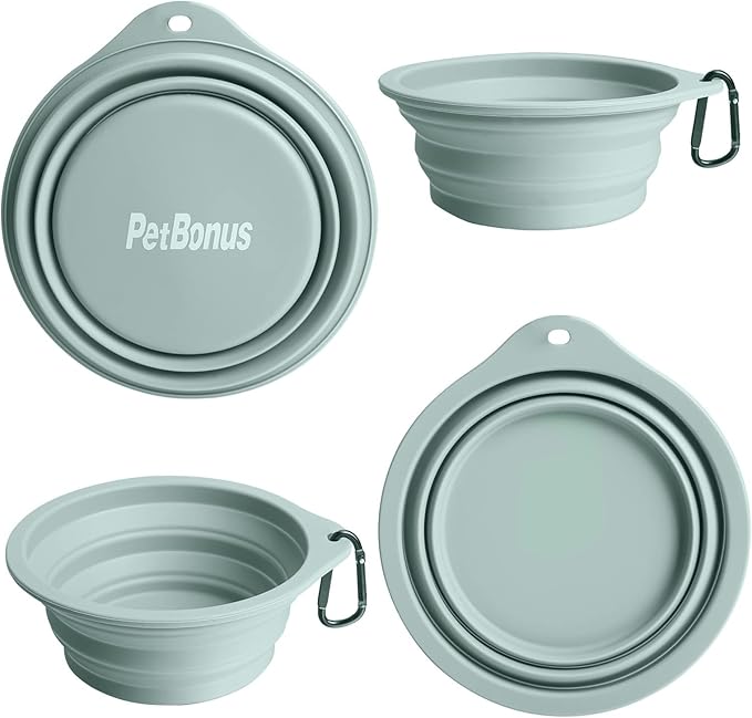 PetBonus 2-Pack Large Silicone Collapsible Dog Bowls, 34oz/1000ml BPA Free Portable Foldable Travel Bowl for Pet Cat, Food Water Feeding Dish for Camping with 2 Carabiners (Turquoise, Tan)