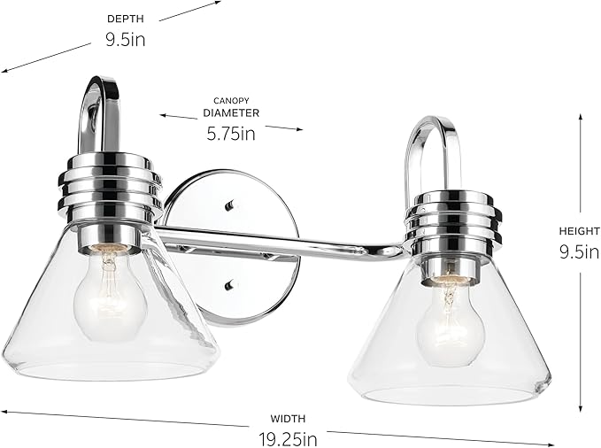 Kichler Farum 19.25" 2-Light Vanity Light with Clear Glass in Chrome, for Vanity, Jack & Jill Layout, Over a Mirror, (19.25" W x 9.5" H), 55154CHCLR