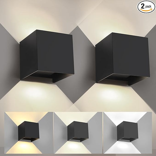 15W Indoor Wall Sconce,Black Wall Sconces Set of Two,3 Color Temperatures Hardwired Up and Down Outdoor Lights,4.33 Inch Interior/Exterior Wall Lights for Living Room Bedroom Hallway Porch Yard 2 Pack