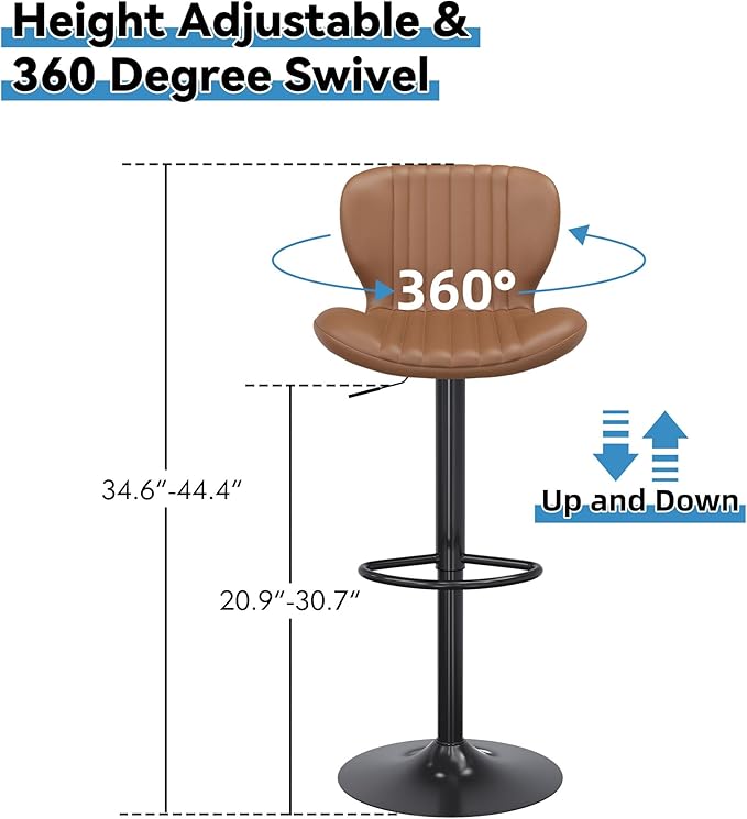 Shintenchi Bar Stools Set of 2 Modern Swivel Bar Chairs, Counter Height Faux Leather Metal Barstools, Upholstered Island Chairs with Back and Footrest, Coffee