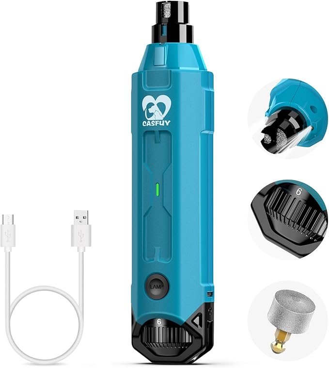 Casfuy 6-Speed Dog Nail Grinder - Newest Enhanced Pet Nail Grinder Super Quiet Rechargeable Electric Dog Nail Trimmer Painless Paws Grooming & Smoothing Tool for Large Medium Small Dogs (Bright Blue)