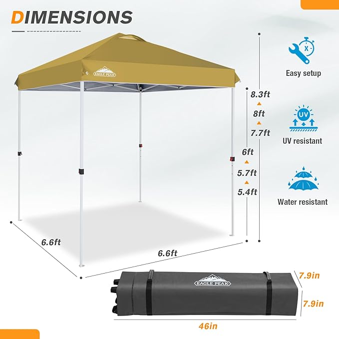 EAGLE PEAK Pop Up Canopy Tent with Wheeled Carry Bag, 8 Stakes, 4 Ropes, Easy Set Up Tent Canopy, 6.6x6.6 ft, Beige