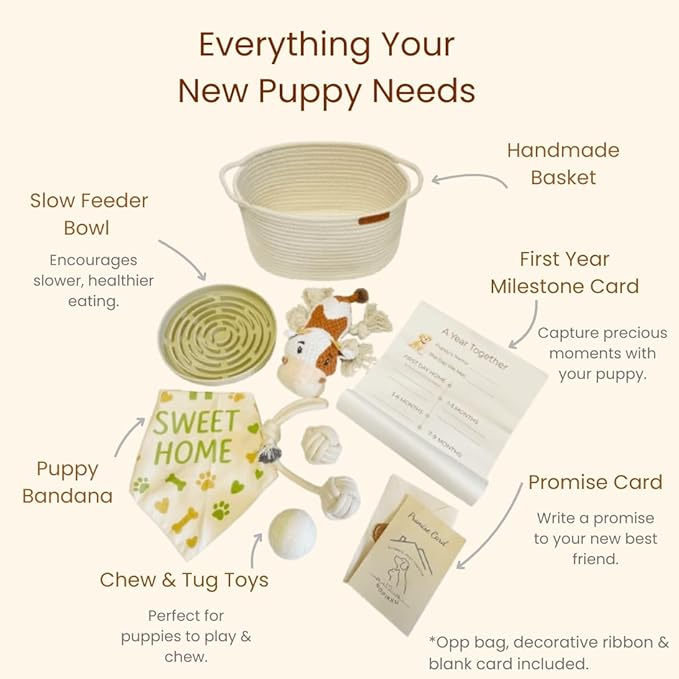 Puppy Welcome Home Gift Basket – New Puppy Starter Kit with Toys, Slow Feeder Bowl, Bandana, First Year Milestone Card & Promise Card, Puppy Gift Set for New Dog Owners