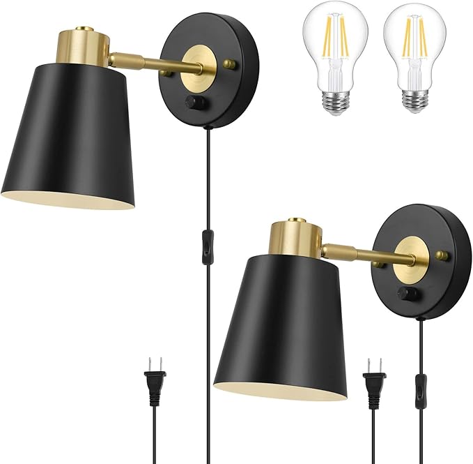 Wall Sconce Plug in, Dimmable Wall Sconces Adjustable Wall Lights with Plug in Cord and Dimmer On/Off Rotary Switch, Wall Mounted Light for Bedside Bedroom LivingRoom(2 Bulbs Included)