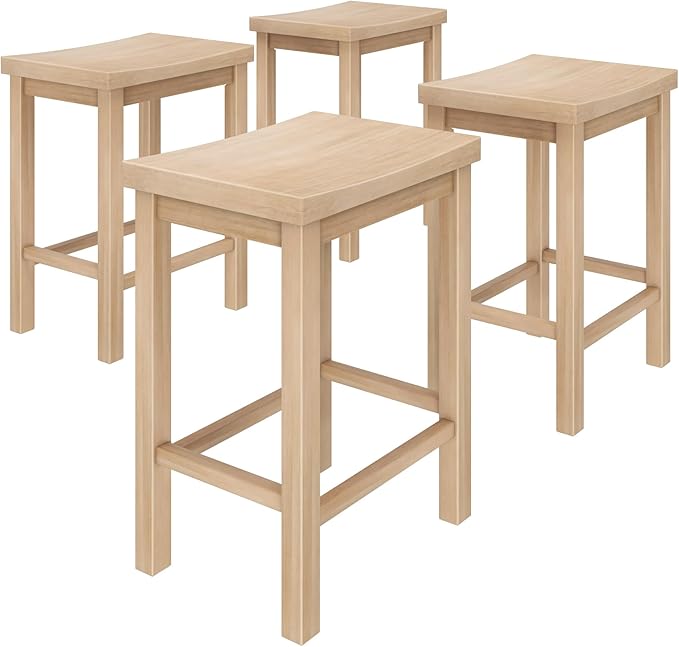 Grain & Grove Smith Collection Set of 4 Solid Wood Counter Height Bar Stools, 24-Inch Saddle Seat Backless Stools, Ideal for Kitchen Island, Dining, or Home Bar Seating, Blonde