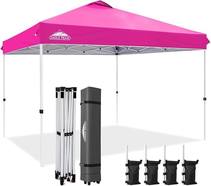 EAGLE PEAK Pop Up Canopy Tent with Wheeled Carry Bag, 8 Stakes, 4 Ropes, 4 Weight Bags, Easy Set Up Tent Canopy, 12x12 ft, 144sqft of Shade, Pink