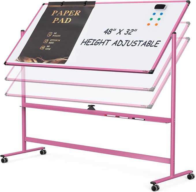 Rolling Whiteboard, 48x32 Inches Dry Erase Board with Stand, Large Mobile Whiteboard on Wheels, Standing White Board for Office, School, Home, Magnetic Double Sided White Board with Paper Pad