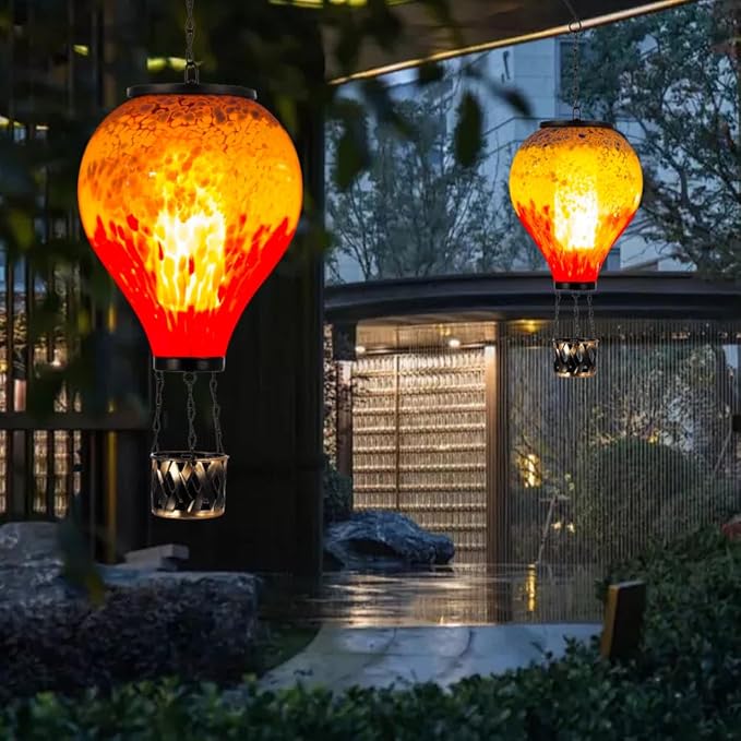 Starsoul Hot Air Balloon Solar Lantern with Flame Glass Hot Air Balloon Solar Light Waterproof Hanging Outdoor Lantern for Garden Yard Patio Decor