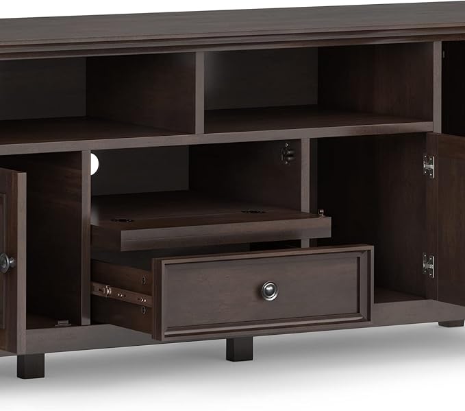 SIMPLIHOME Amherst 72-inch Wide Solid Wood TV Stand in Brunette Brown, Transitional-Style Media Console for Living Room with Cable Management and Adjustable Shelves, Fits 80" TVs