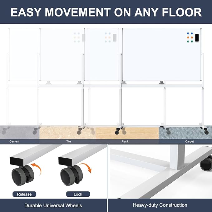 White Board on Wheels, 48 x 32 Inches Height-Adjustable Large Rolling Whiteboard, Mobile Magnetic Dry Erase Board with Stand, Double-Sided Standing Whiteboard for Office, Home, Classroom, School