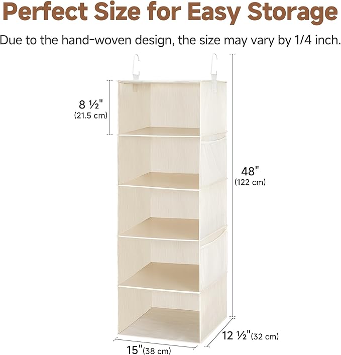 StorageWorks 5-Shelf Hanging Closet Organizers, Foldable Closet Storage Organizer with 2 Side Pockets, Portable Hanging Shelves for Clothes, Sweater, 12 1⁄2" D x 15" W x 48" H, White & Ivory