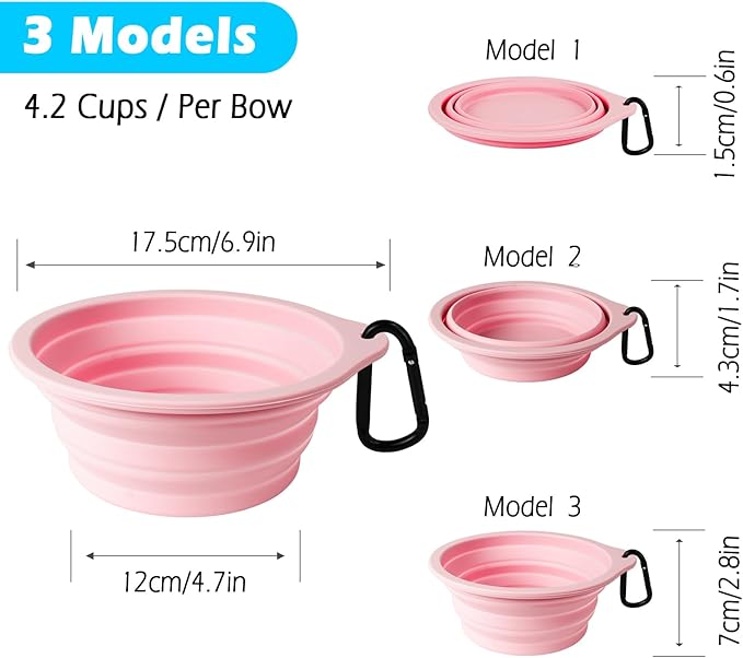 PetBonus 2-Pack Large Silicone Collapsible Dog Bowls, 34oz/1000ml BPA Free Portable Foldable Travel Bowl for Pet Cat, Food Water Feeding Dish for Camping with 2 Carabiners (Grey, Chalk Pink)