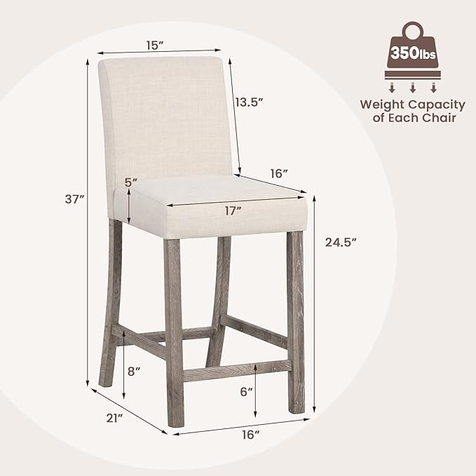 COSTWAY Upholstered Counter Height Stools Set of 2, Bar Stools w/Ergonomic Backrest, Solid Wood Frame, 24.5” Fabric Counter Height Chairs for Kitchen Island, Dining Room, Pub (Beige)