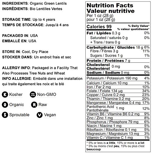 Food to Live Organic Whole Green Lentils, 5 Pounds - Non-GMO, Dried Raw Beans, Sproutable, Vegan, Kosher, High in Folate, Dietary Fiber, Protein, No Soaking Required, for Soups, and Veggie Burgers