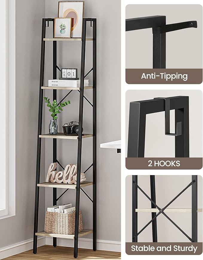 Ladder Shelf, Bookshelf Bookcase, Freestanding Corner Storage Shelve with 2 Hooks for Home Office, Living Room, Kitchen, Bedroom, Industrial, 5-Tier Greige BC03205B