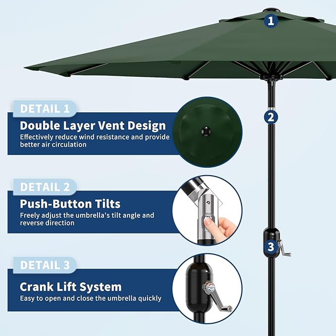 Garvee 10FT Patio Umbrella - Outdoor Table Umbrella with Crank Lift & Push Button Tilt - Market Umbrella 8 Sturdy Ribs UV Protection for Pool, Deck, Yard, Garden - Dark Green