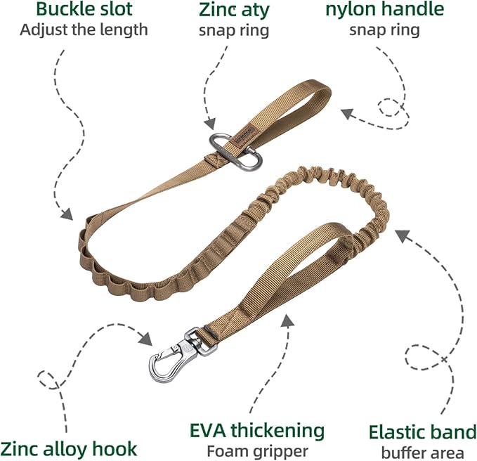 EXCELLENT ELITE SPANKER Tactical Bungee Dog Leash Military Adjustable Dog Leash Quick Release Elastic Leads Rope with 2 Control Handle(Coyote Brown)