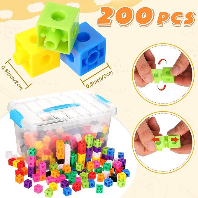 Jenaai 200 Pcs Math Cubes Counting Blocks Linking Connecting Cubes Math Manipulatives with Storage Container Educational Toy for Kids Age 4-8 Kindergarten STEM Activities Preschool(Blue)