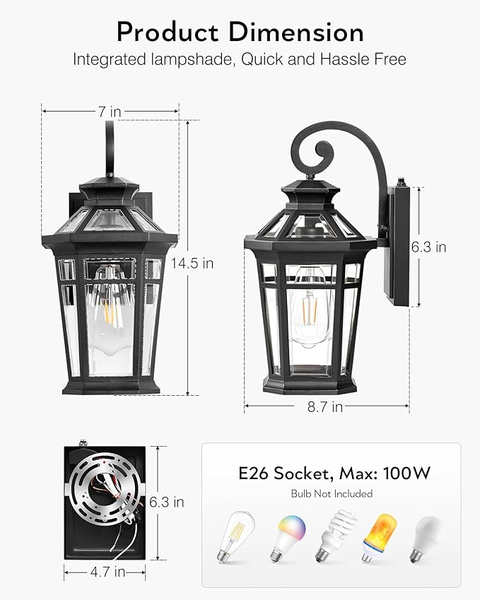 Outdoor Light Fixtures Wall Mount, Black Exterior Sconce Lights Waterproof, Dusk to Dawn Porch Light with Beveled Glass, 100% Aluminum Outdoor Wall Lantern for Garage, Outside Lights for Patio