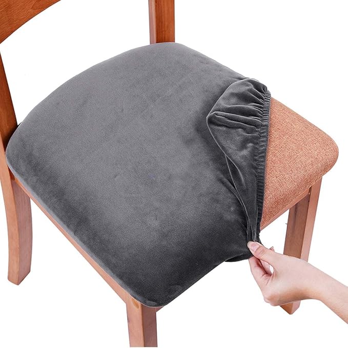 Smiry Velvet Seat Covers for Dining Room Chair Set of 6, Stretch Fit Removable Washable Chair Seat Cushion Protector Slipcovers with Ties, Dark Grey