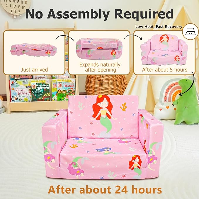 Kids Couch, 2-in-1 Kids Fold Out Sofa, Convertible Toddler Couch to Lounger for Girls and Boys, Soft Toddler Chairs Comfy 1-3 Years Old(Mermaid)