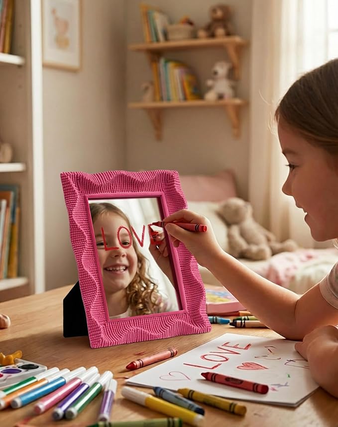 Wavy Wall Mirror, Modern Aesthetic Room Decor for Bedroom Bathroom Entryway, 7.5x5.7 Funky Irregular Frame Vanity Mirror for Girls Teens College Students Back to School Gift (Rose Pink)