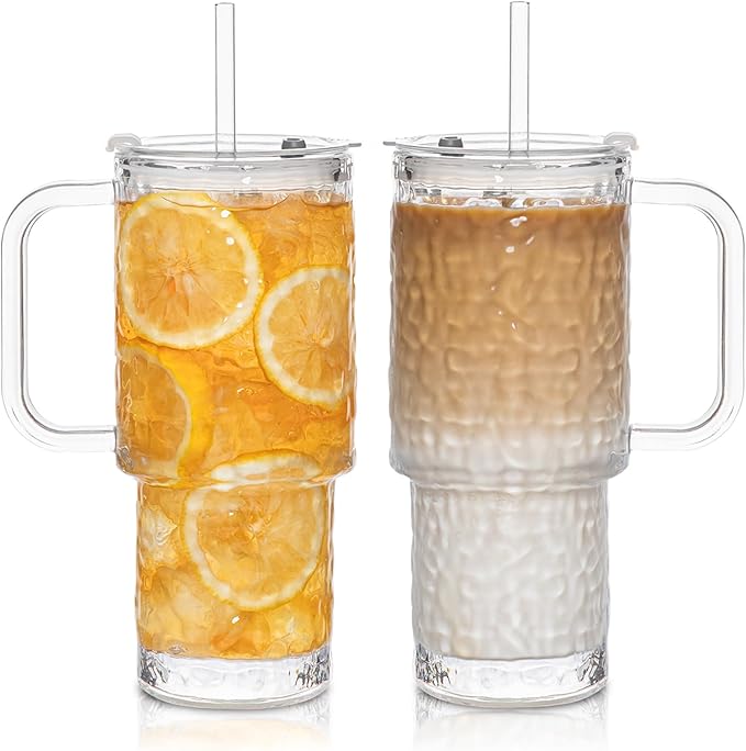 INSETLAN 26oz Water Ripple Glass Tumbler with Handle and Lid, Set of 2 – Reusable Iced Coffee Cups with Lids, Clear Glass Cups with Straw for Coffee, Smoothies, Tea, Juice – Perfect for any Occasion