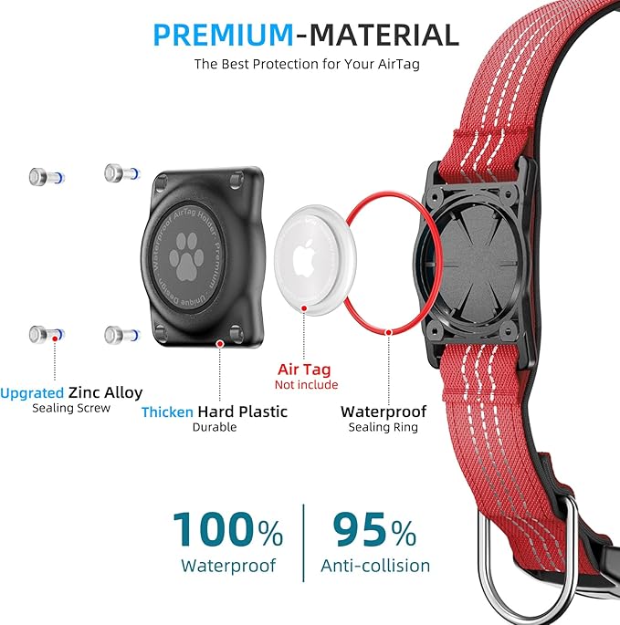 Upgraded AirTag Dog Collar, IP68 Waterproof Air Tag Dog Collar Holder, Reflective, Ultra-Durable, Comfortable Padded, Heavy Duty Dog Collars for Small Medium Large Dogs (XS (10.25"-13"), Red)