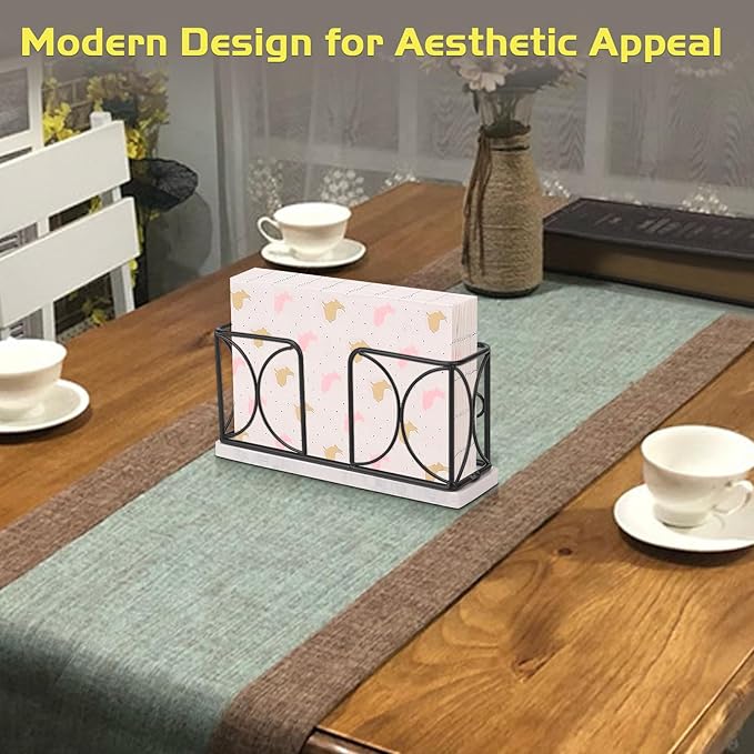 Napkin Holder with Marble Base, Guest Towel Paper Dispenser for Table, Modern Metal Napkin Stand, Ideal for All Bathroom Vanity, Kitchen Decor Accessories (Matte Black, 4 Inch)
