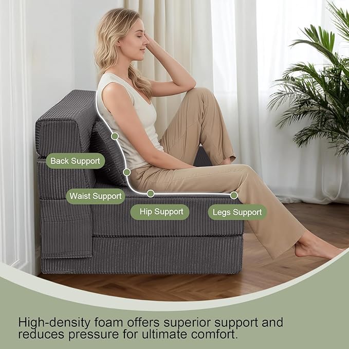 MeMoreCool Boneless Folding Sofa Bed – Corduroy 4-in-1 Convertible Futon Chair, Compact Floor Sleeper with Foam & Washable Cover, 1200 lb Capacity Couch Bed for Small Rooms, Dorms, Apartments