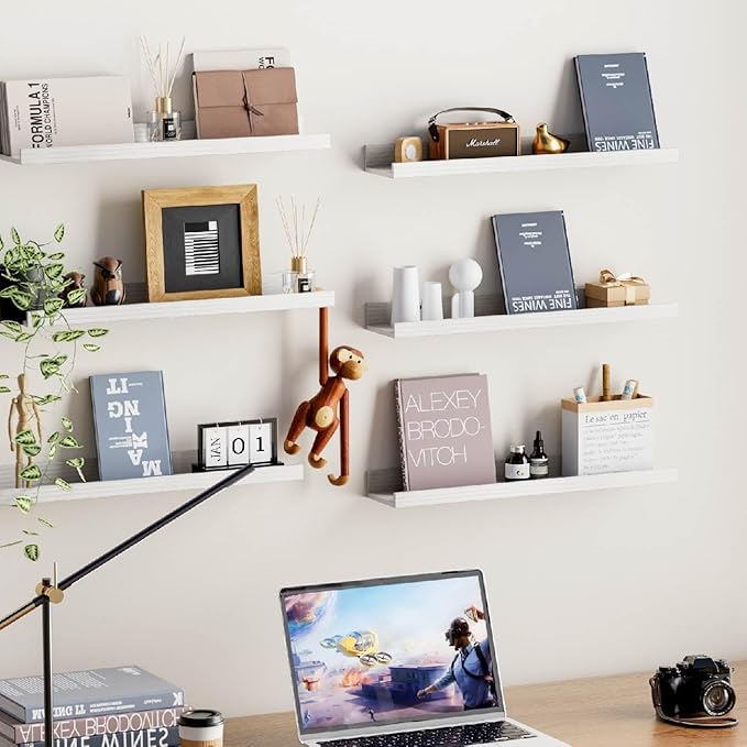 Wall Shelves for Living Room, Nursery Book Shelves Smoke Gray Bathroom Shelves Over Toilet Floating Shelves for Wall, Modern Wood Storage for Bedroom, Kid's Room, Kitchen, 24inch, Set of 6
