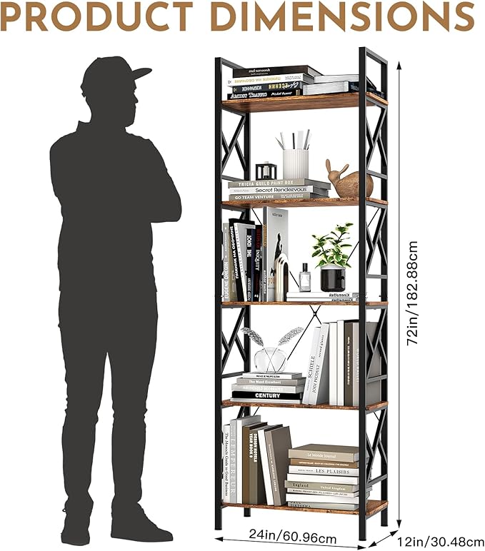 72"H 5-Tier Bookshelf: MDF Wood & Steel Shelves with 500lbs,Tall Narrow Adjustable-Shelf Bookcase.Bookshelves Storage Organizer, Industrial Display Standing Shelf Unit for Living Room/bedroom/Office