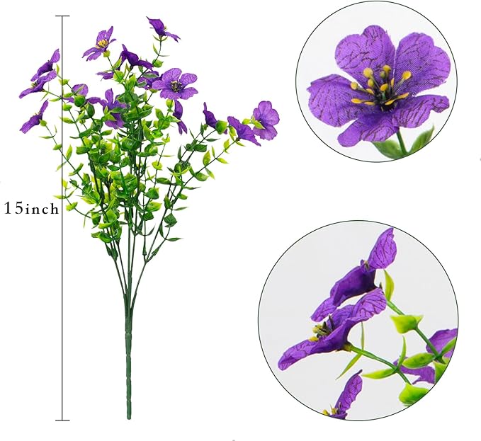 16 Bundles Artificial Flowers Outdoor Spring Summer Decoration Fake Silk Colorful Daisy Eucalyptus Realistic UV Resistant Outside Faux Plants for Garden Porch Window Box Home Decor (Purple)