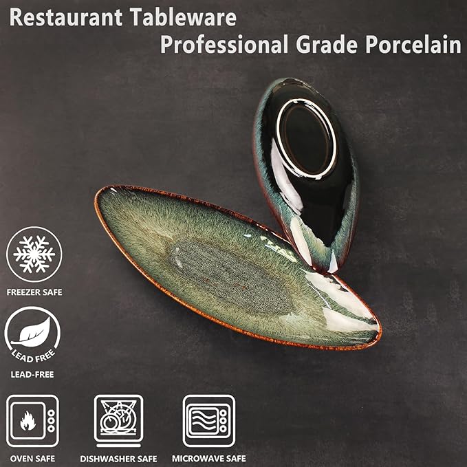 Serving Platter Olives Plate Large Serving Tray, Set of 4, for Entertaining, Porcelain Trays and Platters Sushi Salad Plates Serving Dinnerware Appetizer Serving Tray, Black reaction Glaze