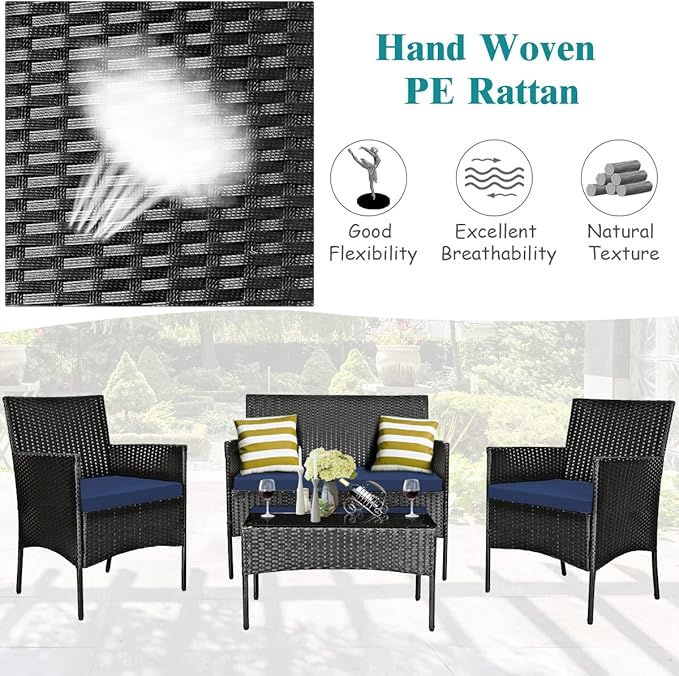 Tangkula 8 Pieces Patio Furniture Set, Outdoor Wicker Conversation Set with Tempered Glass Tabletop, Rattan Sofa and Chairs Set with Off White & Navy Cushion Covers