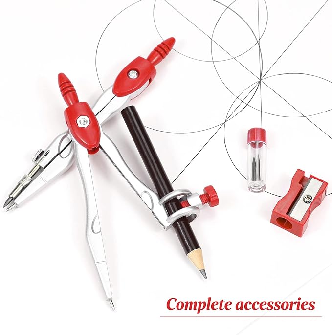 Math Geometry Kit Sets 10 Piece Student Supplies with Shatterproof Storage Box,Includes Rulers,Protractor,Compass,Eraser,Pencil Sharpener,Lead Refills,Pencil,for Drafting and Drawings（Red）