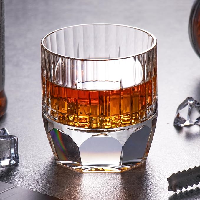 KAMMAK Crystal Whiskey Glasses Set of 2, 7.44oz Old Fashioned Glasses Stemless, Luxury Hand Blown White Cocktail Glasses, Handcrafted Cut Design Octagon Cup for Women, Men Gift for Bourbon